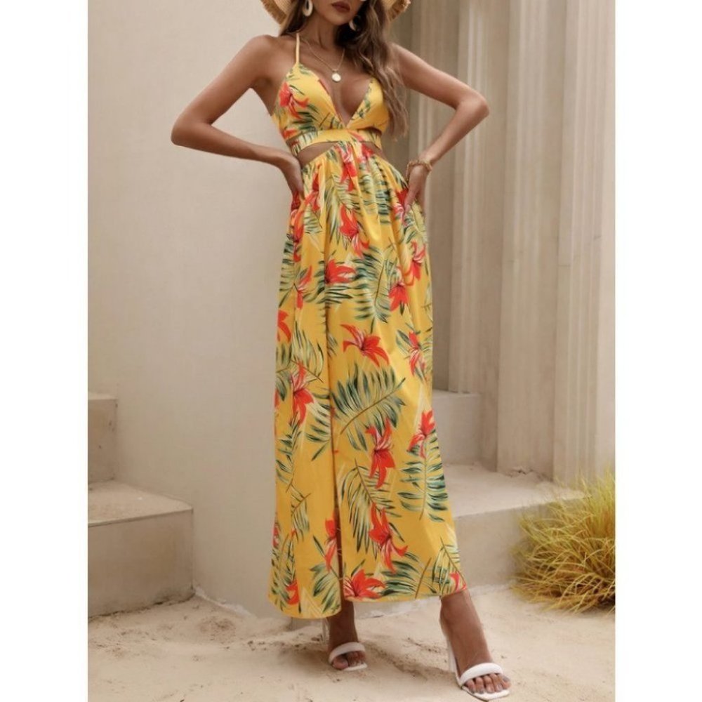 Yellow Tropical print Maxi dress with thigh slit - Picture 9 of 10